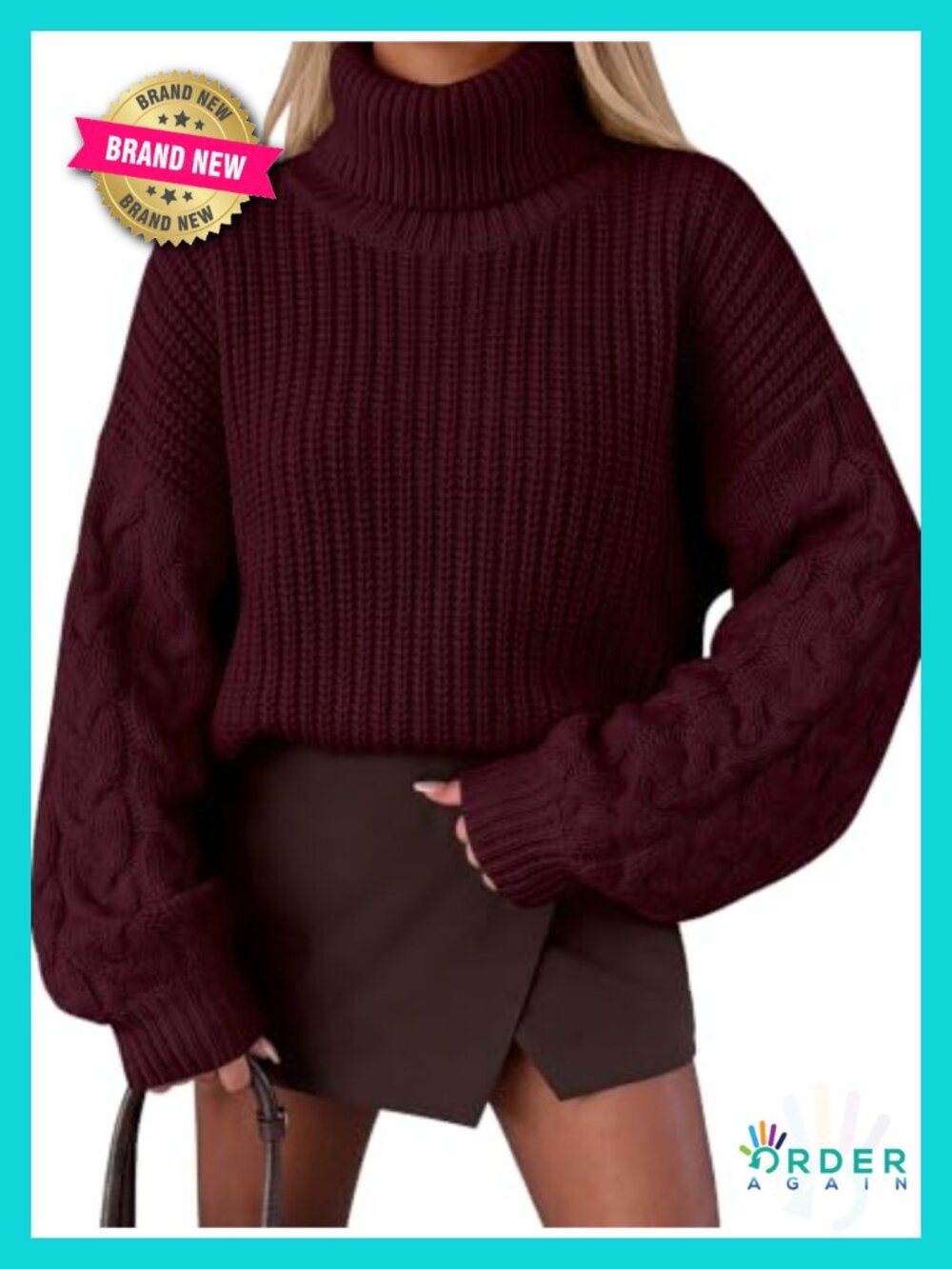 Womens Oversized Cable Knit Chunky Turtleneck Pullover Sweater